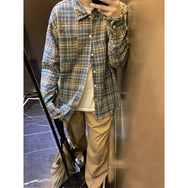 B221！美式ins高街暗黑小众毛边格子衬衫SY2320-P65控88,男装衬衫,电商B221