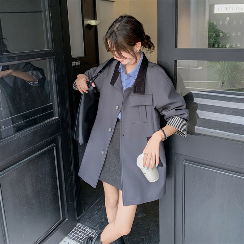 格子拼接灰色风衣外套女春季中长款小个子韩系高级感设计感流行,女装风衣,慧峰