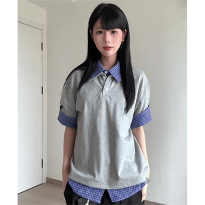 得物抖音高品质二开 夏季美式潮牌高街假两件格子衬衣翻领短袖T恤图片
