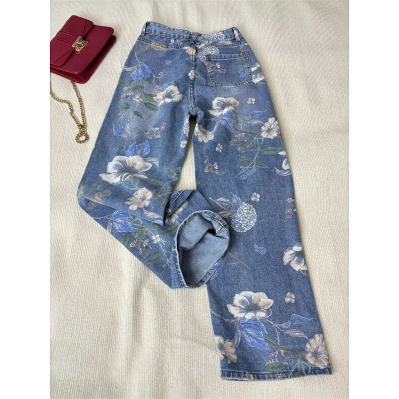 满印花卉阔腿水洗牛仔裤男女新款春秋直筒显瘦拖地裤潮L70899-P49,男装牛仔裤,星座1008