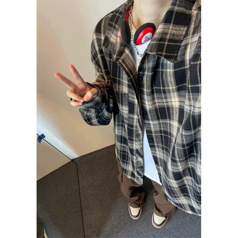 日系长袖格子衬衫男春秋季潮牌复古宽松休闲痞帅衬衣外套CS344,男装衬衫,星座1116A（原606A-3）