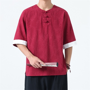 男士衬衫五分袖衬衣中袖印花圆领唐装风 XZ1512-2612-P40图片