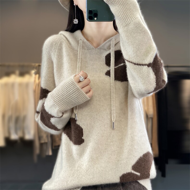 秋冬连帽撞色100%羊毛衫长袖卫衣女宽松带帽慵懒羊绒针织打底帽衫，女装羊毛衫，邦太羊绒
