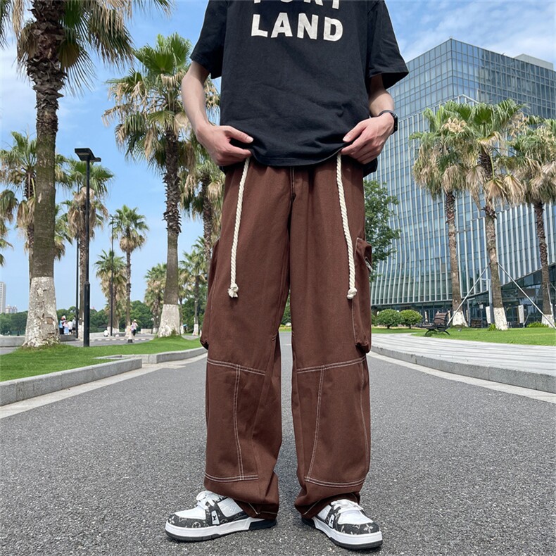 裤子男夏季设计感小众拼色宽松直筒运动裤潮牌潮流休闲裤,男装休闲裤,星座716-4