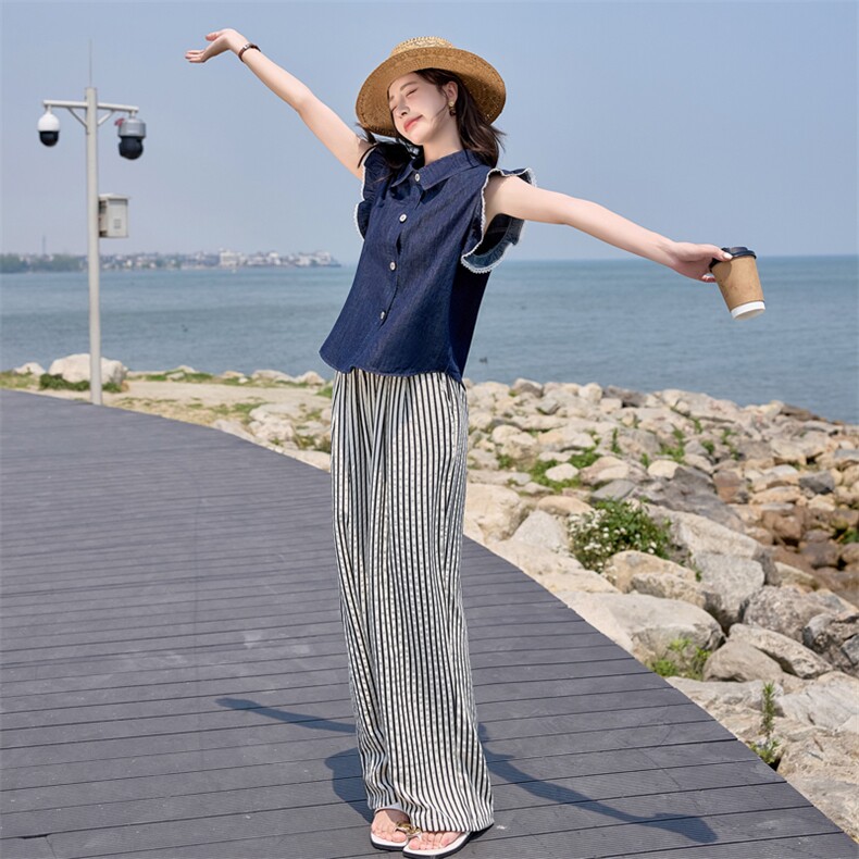 2025年夏季新款时尚韩版蕾丝花边牛仔马甲条纹休闲日常宽松裤,女装套装/套裙,1C080