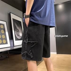 8XL-M特大码夏季美式高街五角星牛仔短裤港风宽松五分裤DK1513P40图片