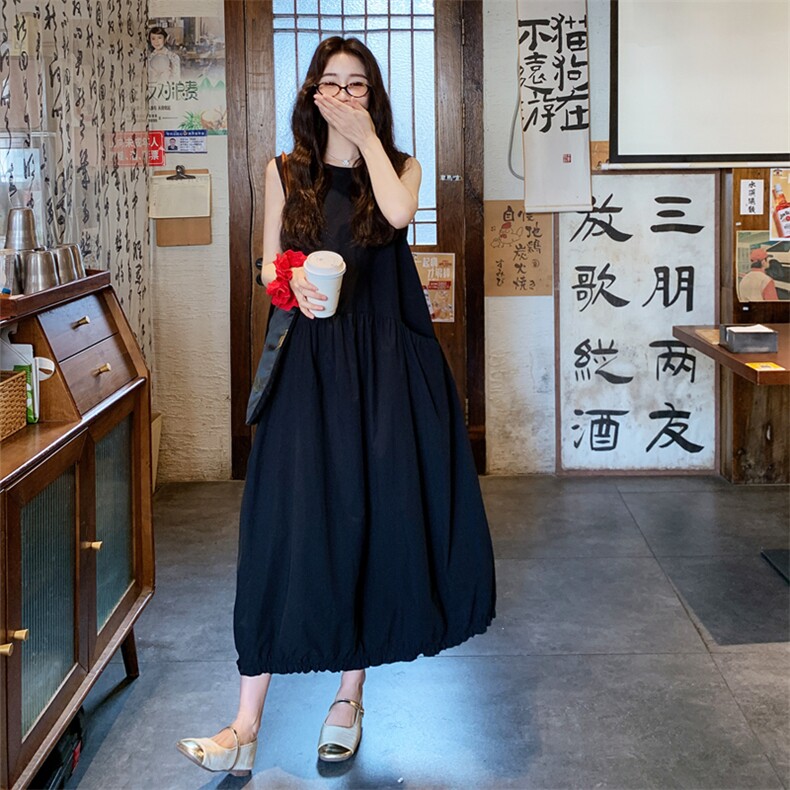 长裙纯色夏季无袖花苞裙假两件宽松中长款辣妈连衣裙大码显瘦气质,女装连衣裙,2C158