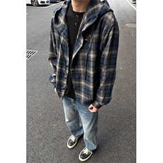 复古撞色格纹连帽长袖衬衫男女复古街头宽松休闲衬衣外套CT12，男装衬衫，星座1116A（原606A-3）