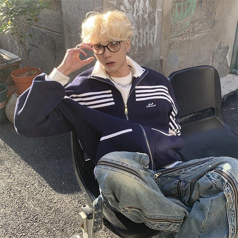 美式复古立领条纹运动外套男潮牌休闲棒球服百搭卫衣JK1420,女装短外套,星座516A