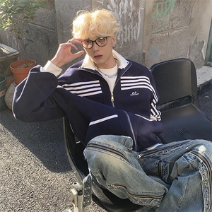 美式复古立领条纹运动外套男潮牌休闲棒球服百搭卫衣JK1420图片