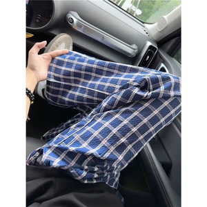 格子裤百搭舒适高腰显瘦阔腿休闲宽松慵懒蓝色格子裤CA104图片