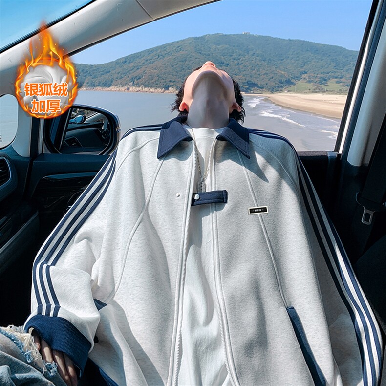 500g重磅三条杠拼接加厚银狐绒卫衣外套男W50891J加绒-特P55控108，女装短外套，电商A001-1