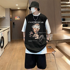直播品质美式宽松纯棉背心无袖t恤短裤大码两件套套装TZ57-P58，男装T恤，电商A486