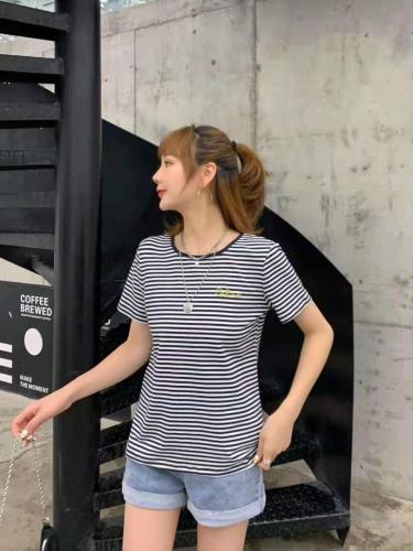 AX8011夏季休闲百搭刺绣条纹纯棉短袖T恤,女装T恤,L·H·X