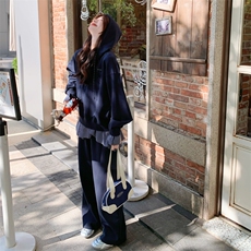 藏青色拼接卫衣套装女2025秋季新款休闲运动宽松阔腿裤穿搭两件套，女装套装/套裙，2C198