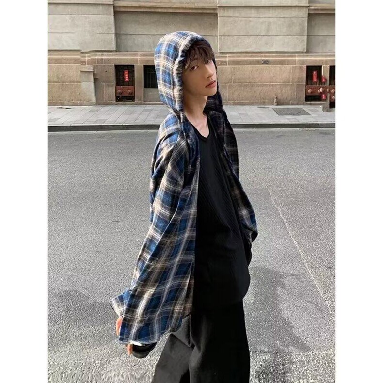 美式复古连帽蓝色格子衬衫男春夏2025薄款长袖设计感痞帅衬衣外套图片