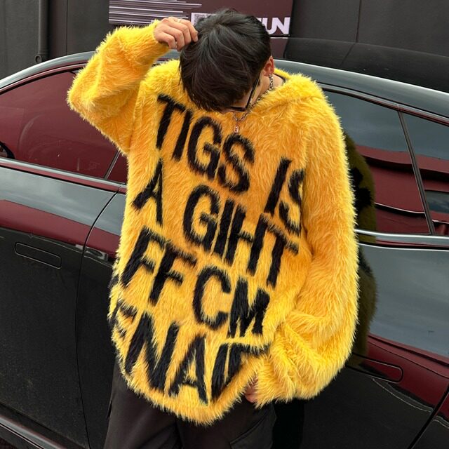 美式慵懒风仿貂绒字母提花毛衣情侣连帽宽松套头复古针织衫M579，男装针织衫/毛衣，星座1116A-1（原606A）