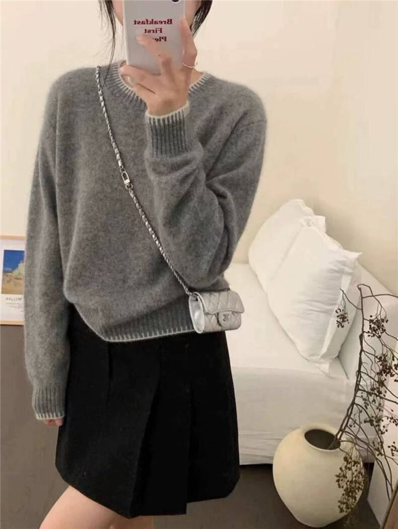 拼色圆领100羊毛衫女冬季新款软糯欧货高端针织打底毛衣百搭，女装羊毛衫，美轩羊绒
