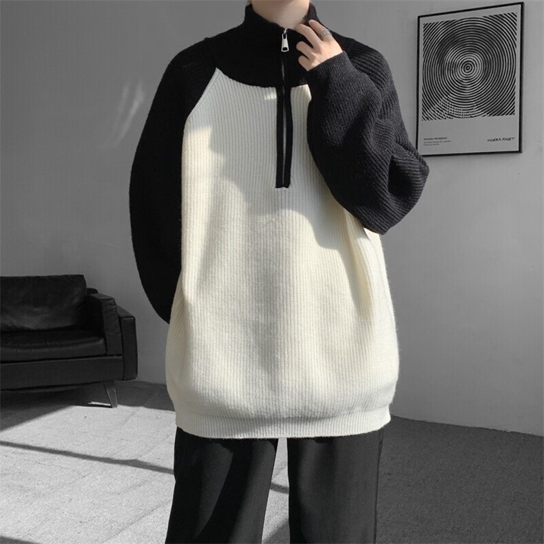 8XL-M撞色半拉链毛衣宽松慵懒风插肩袖大码针织衫外套MY1513/P75,男装针织衫/毛衣,电商B238