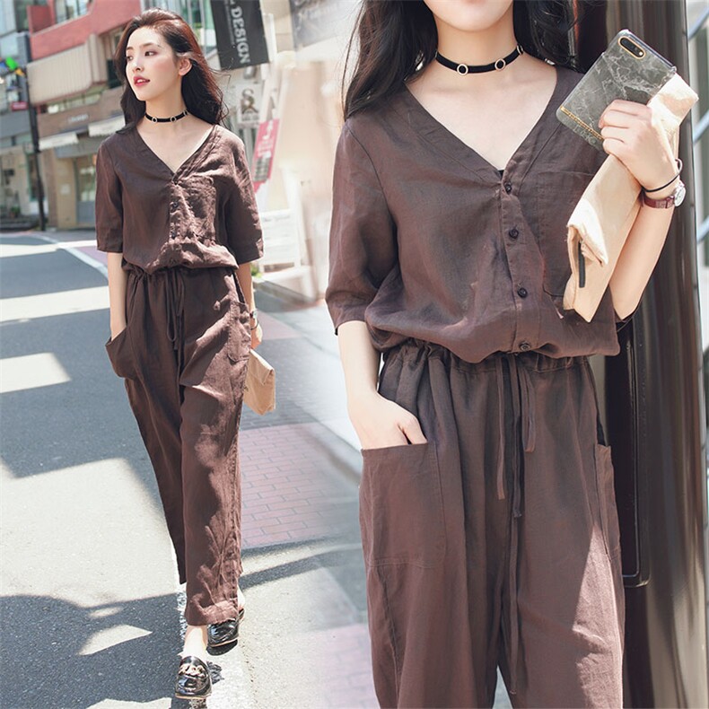 纯色排扣V领五分袖宽松简约优雅甜美连体裤2021年夏季，女装连体裤，梦懿尔