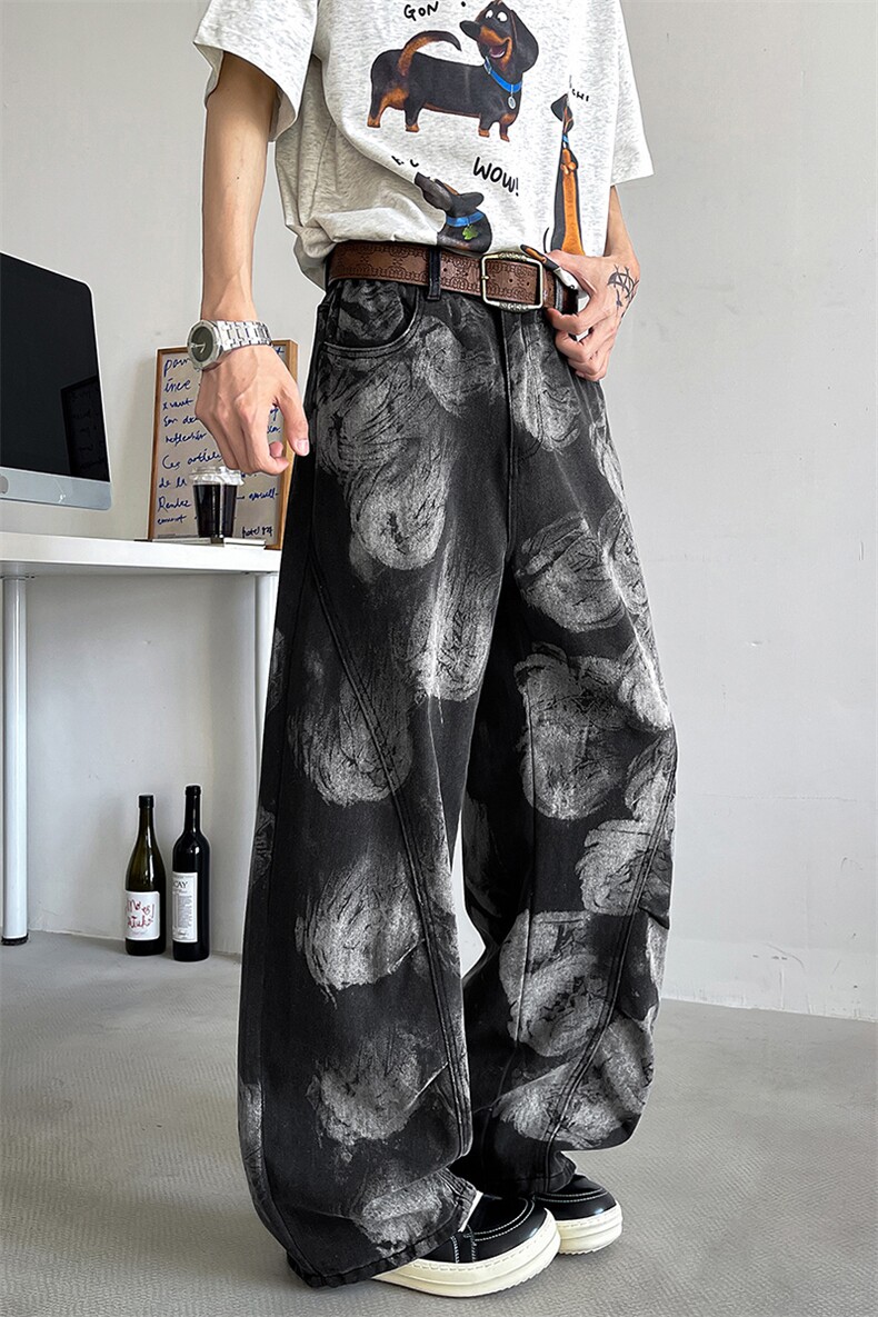 弯刀裤子男美式高街设计感涂鸦水洗牛仔裤-A2021TP48控78,男装牛仔裤,电商B241
