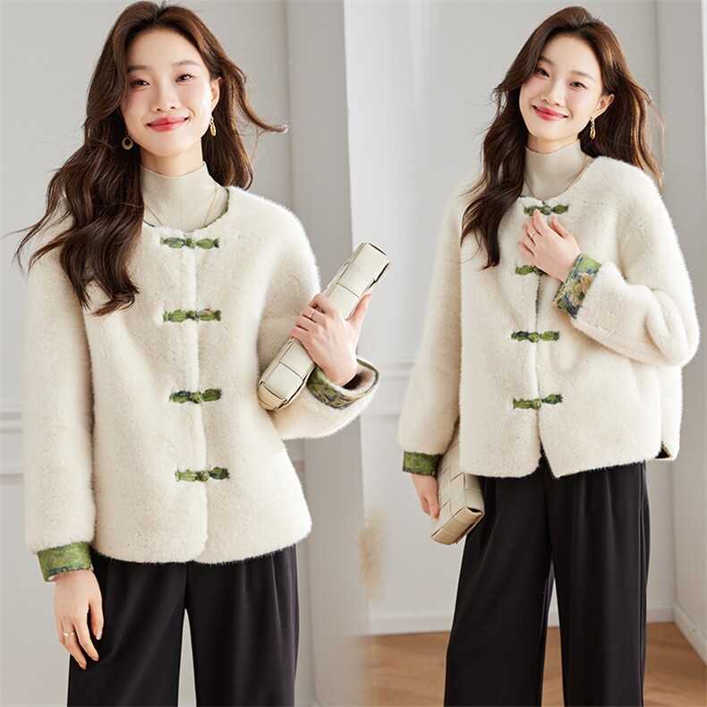 在仓暴款~2024年冬季加厚米兰貂皮毛一体盘扣口袋长袖时尚潮流外，女装皮草，新依时派