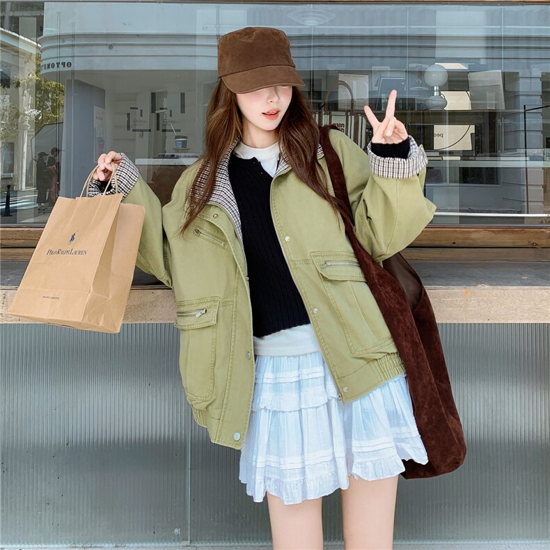 【新款】巴恩风格子拼接袖工装外套D2145-Y8829-P175-控258,女装短外套,2D145