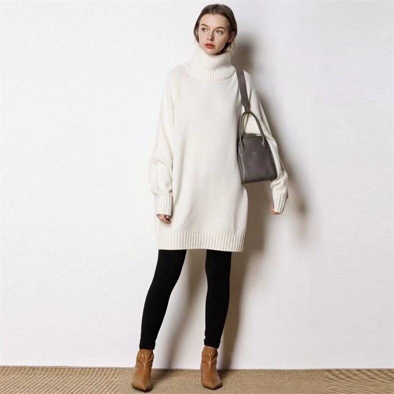 秋冬新款高领宽松显瘦羊毛衫女长款百搭时尚针织毛衣裙，女装羊毛衫，恒恩羊绒