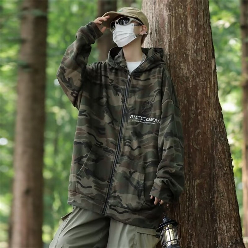 休闲迷彩连帽外套男2023秋冬新款宽松情侣开衫卫衣女W169,男装夹克,星座1116A-1（原606A）