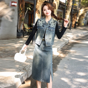 欧货高级刺绣牛仔马甲半身裙套装2025春新款女洋气减龄气质两件套图片