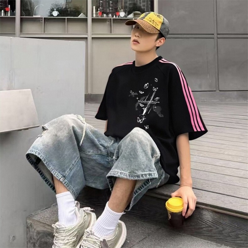 抖音得物品质二开240克宽松纯棉美式潮牌印花三条杠中性风短袖T恤,男装T恤,电商A486