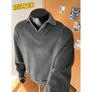 2025新款慵懒风假两件针织翻领宽松打底长袖毛衣男MY115-特P75图片