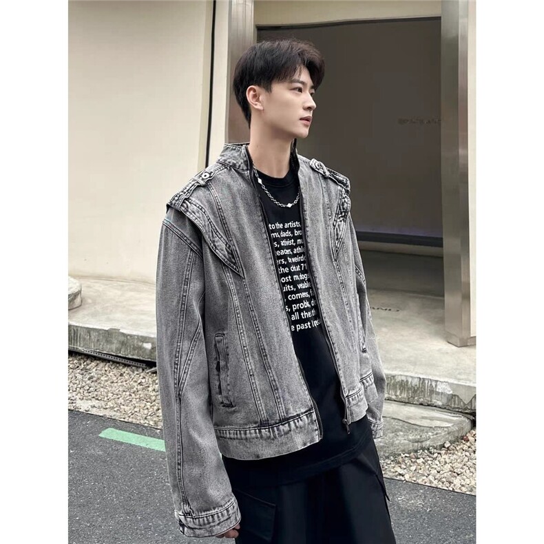 美式水洗垫肩短款拼接牛仔外套男做旧设计感夹克JK892-P72,男装工装外套,星座208-5