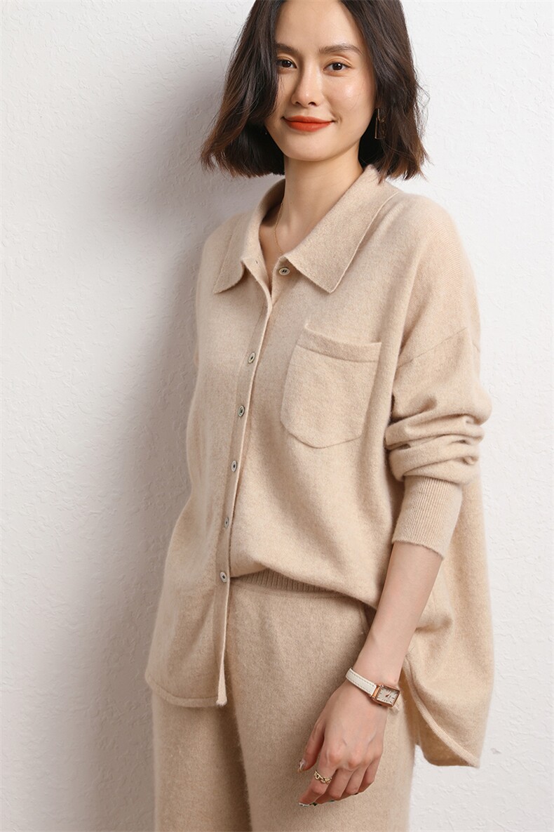 山羊绒开衫女POLO领宽松针织衫毛衣外套2024年秋季,女装羊绒衫,五色羊羊绒
