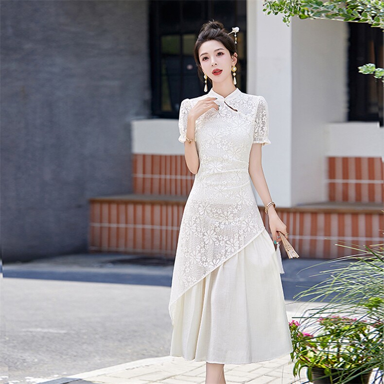 新中式改良旗袍连衣裙女2024新款夏季复古盘扣修身假两件蕾丝长裙,女装连衣裙,曼琳思菲