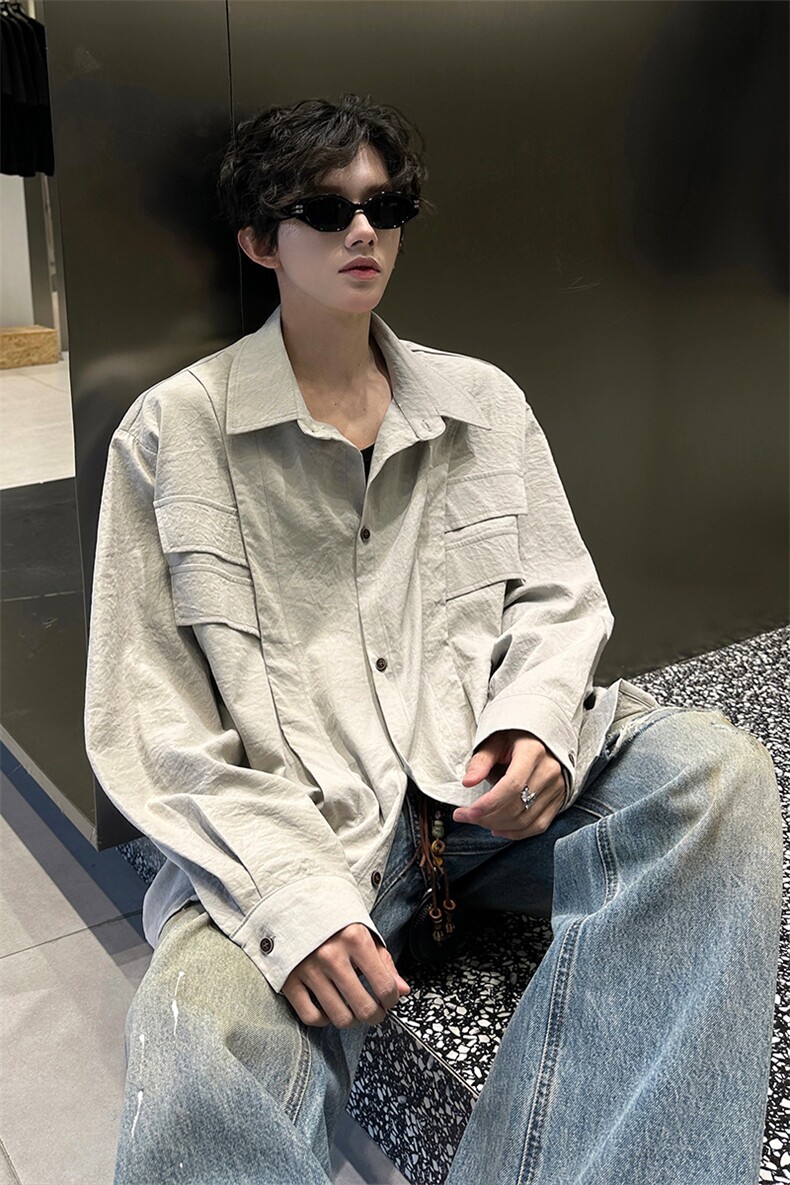 夏季流行色对称假口袋装饰衬衫打底衬衫外套时尚打底衬衫T恤P48,男装T恤,电商B319
