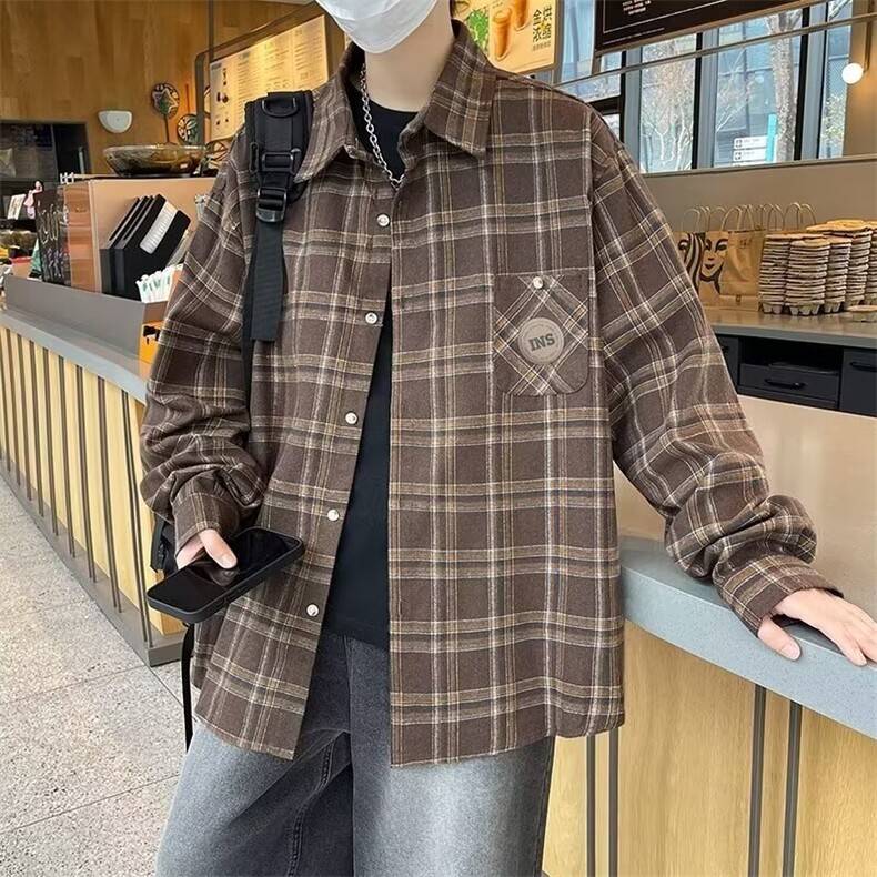 复古棕咖色格子衬衫男春秋磨毛衬衣外套1001-1-CS51-P40,男装衬衫,星座1001-1