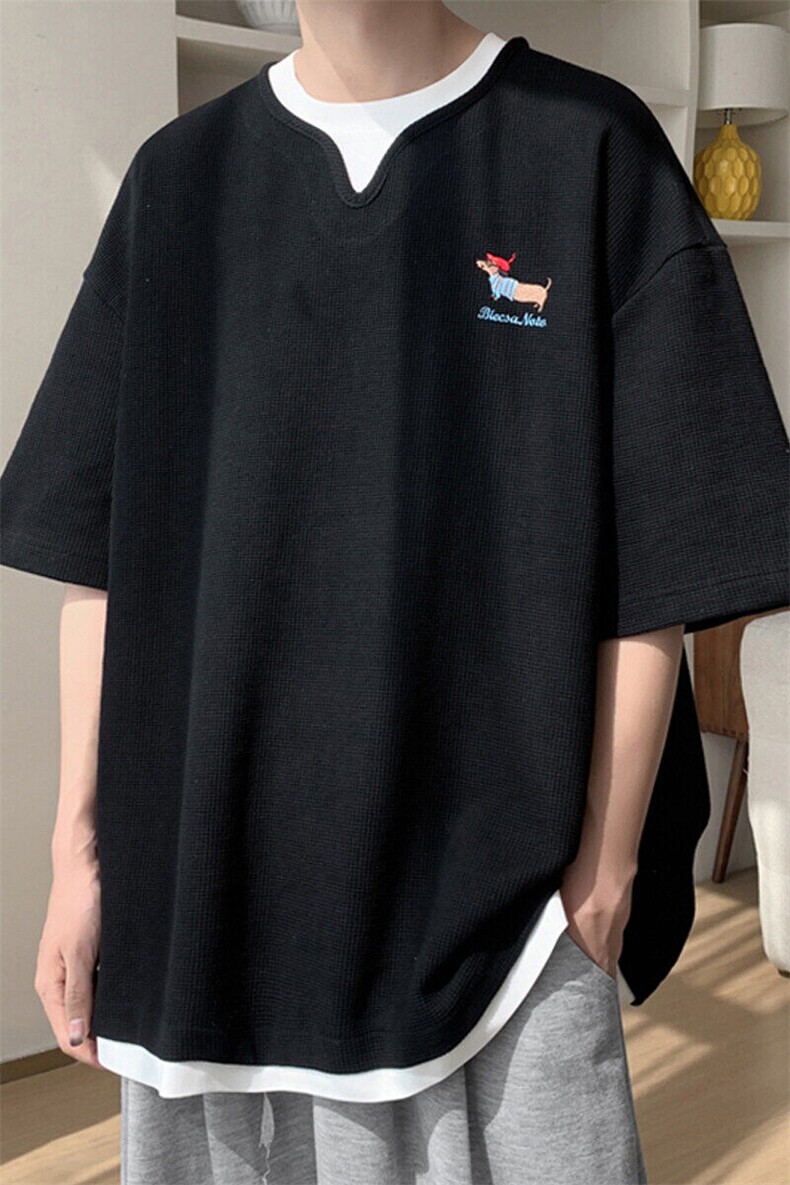 2025夏季新款港风大皂大码华夫格假两件T恤M-5XHT25335-特P25,男装T恤,电商A022