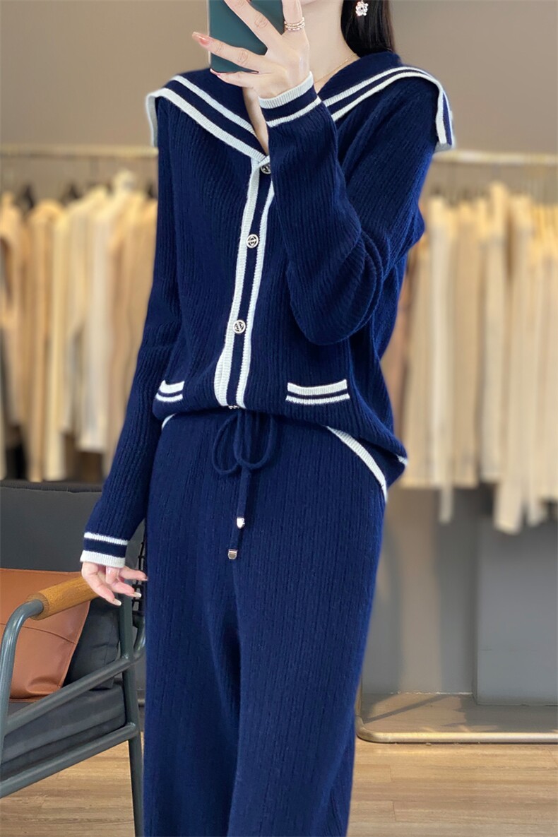 时尚显瘦海军领拼色针织套装女秋冬季新款宽松休闲两件套毛衣裤,女装套装/套裙,宛庄羊绒