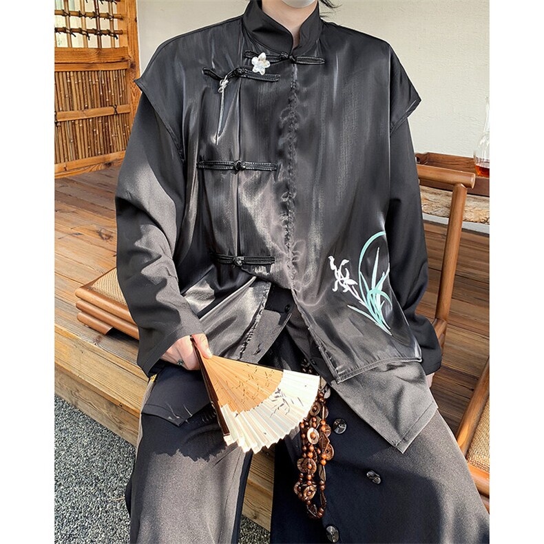 25春夏男士新中式假两件刺绣兰花流光丝光飘逸衬衫CS51-P98无胸针,男装衬衫,电商B288
