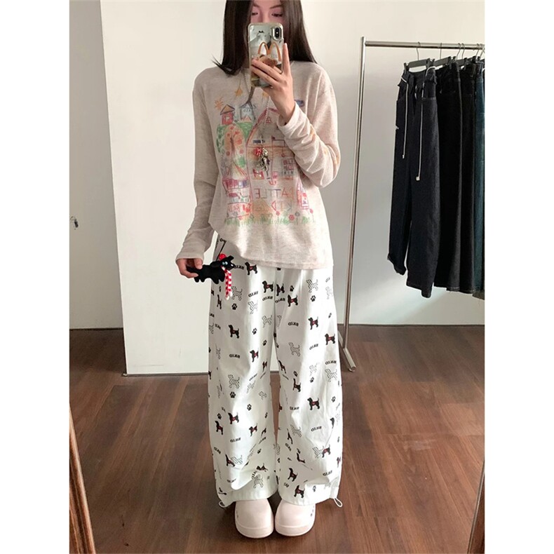 有货 203-6 F2568 P50特～美式小狗印花阔腿休闲裤图片