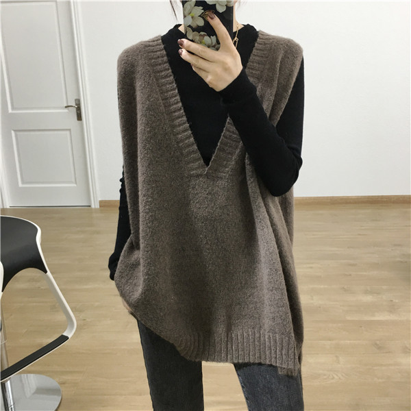 遮肉神器宽松羊毛外搭马甲女长款V领针织背心大码毛衣坎肩外套,女装马甲,洁纯羊绒