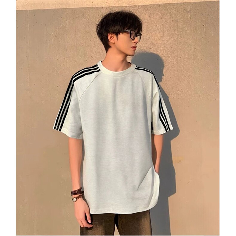 抖音得物品质二开240克宽松纯棉美式潮牌印花三条杠中性风短袖T恤,男装T恤,电商A486