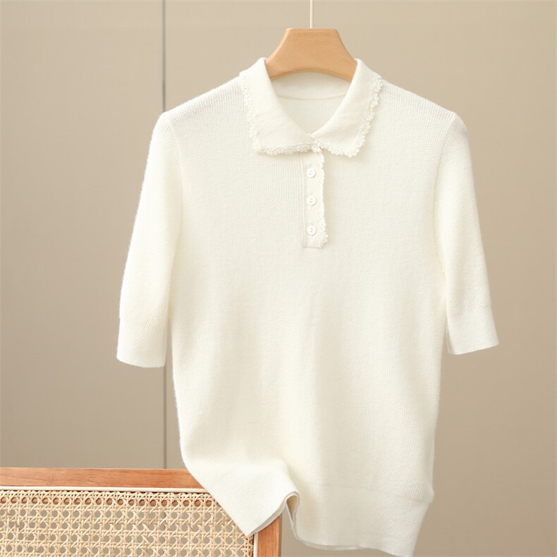 polo领短袖纯色羊绒衫女2024年新款夏舒适休闲，女装T恤，盛世绒华