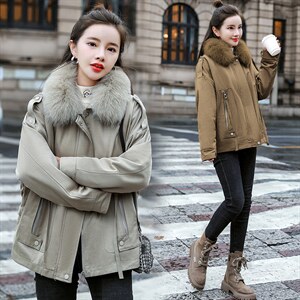 棉衣/棉服2021新款冬仿羊羔毛中长款工装棉服派克服女外套配毛领图片