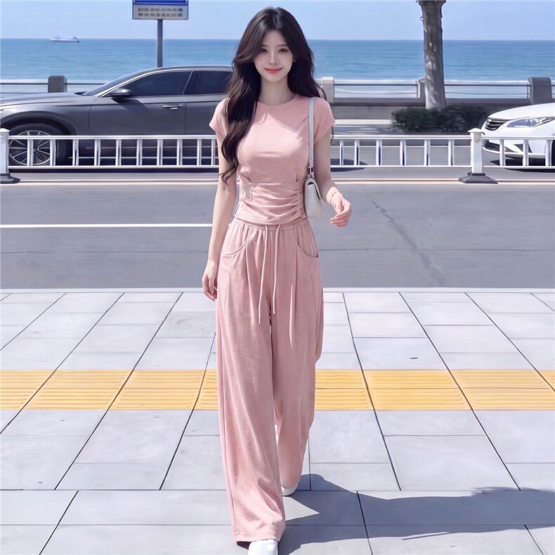 慵懒风时尚休闲套装女夏季新款高级感圆领短袖上衣阔腿长裤两件套图片