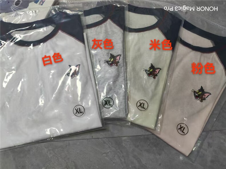2025刺绣汤姆猫撞色插肩麻丝短袖,女装T恤,湘姗