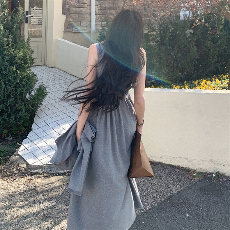 灰色针织开衫连衣裙套装女2025春季新款法式慵懒风背心长裙两件套,女装套装/套裙,2C261