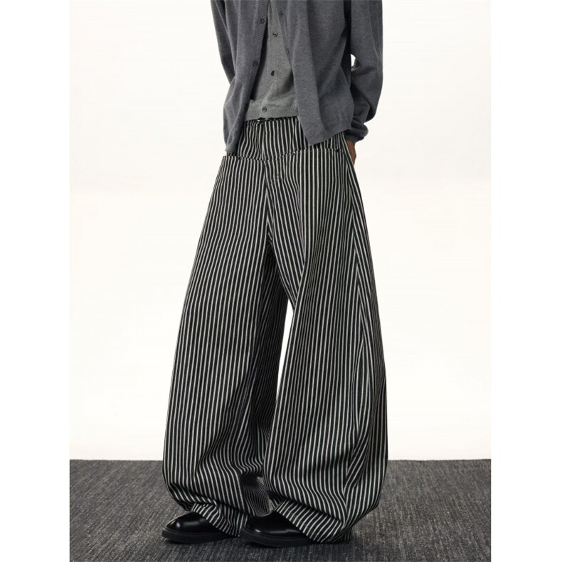 美式复古秋冬条纹阔腿裤男女宽松高腰直筒拖地长裤,男装休闲裤,四季星座505