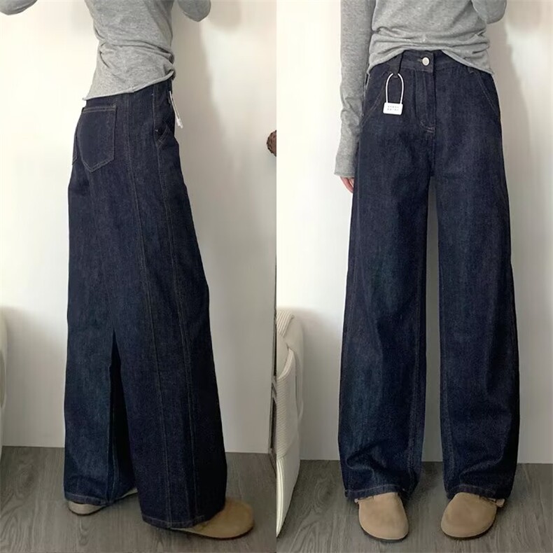深蓝色阔腿牛仔裤女宽松显瘦高腰直筒裤显高拖地裤WLK5022-P40,男装牛仔裤,星座1008